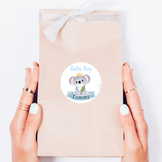 Personalised koala baby shower stickers blue