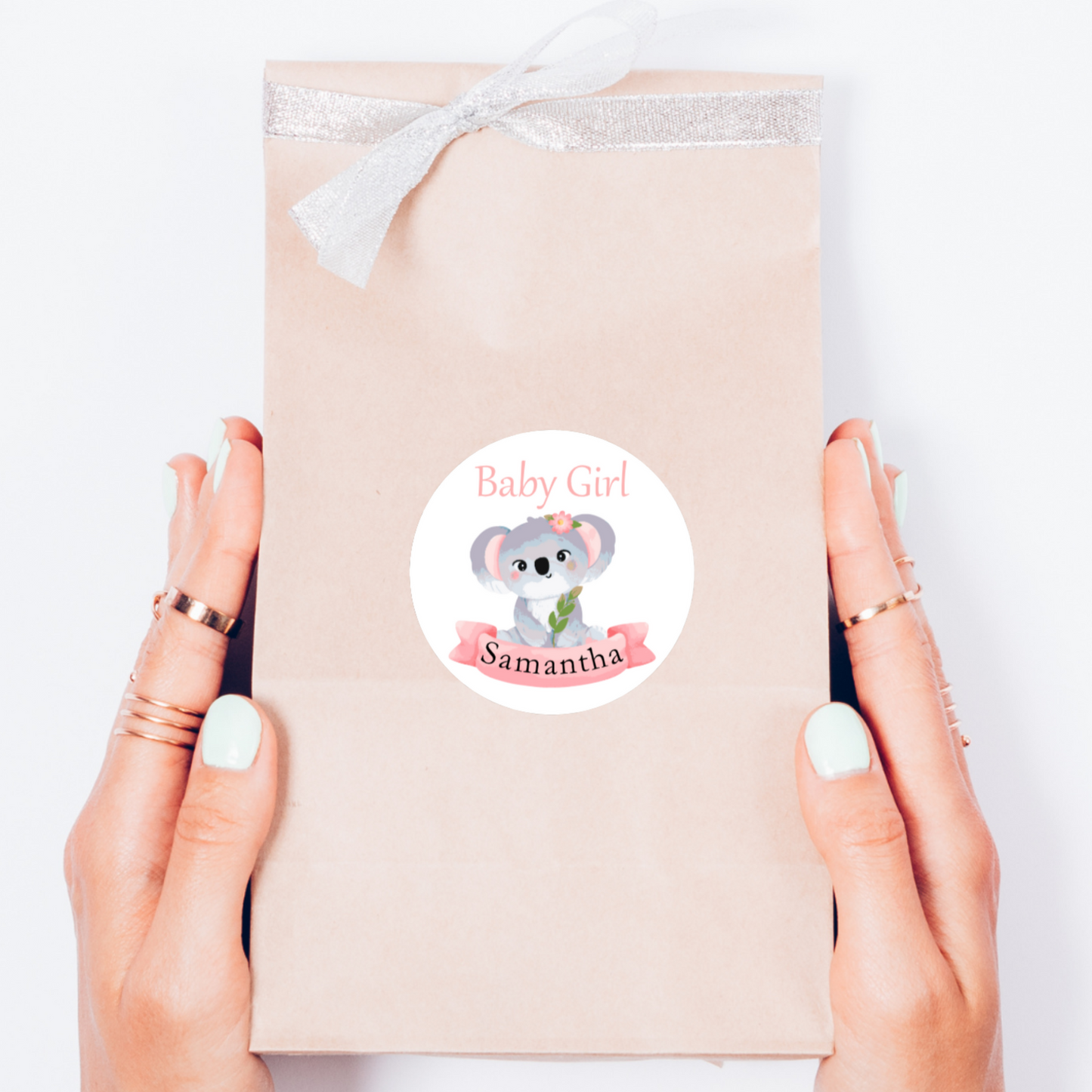 Personalised koala baby shower stickers pink